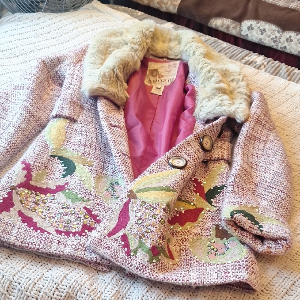 Kenzie Multicolor Pea Coat with Faux Fur Collar Size S - Picture 12 of 13